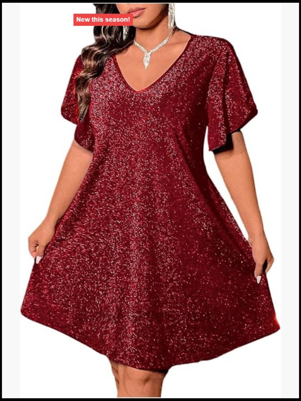 Plus Size Sparkly Glitter Cocktail Party Dress V-Neck Stretchy Short Sleeve